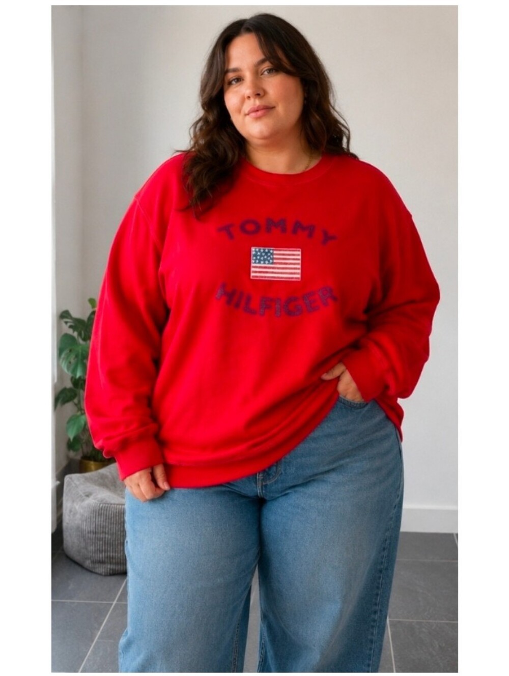 Tommy Hilfiger Vintage Authentic Y2K Red Logo Front Crew Neck Sweater Women's 2X